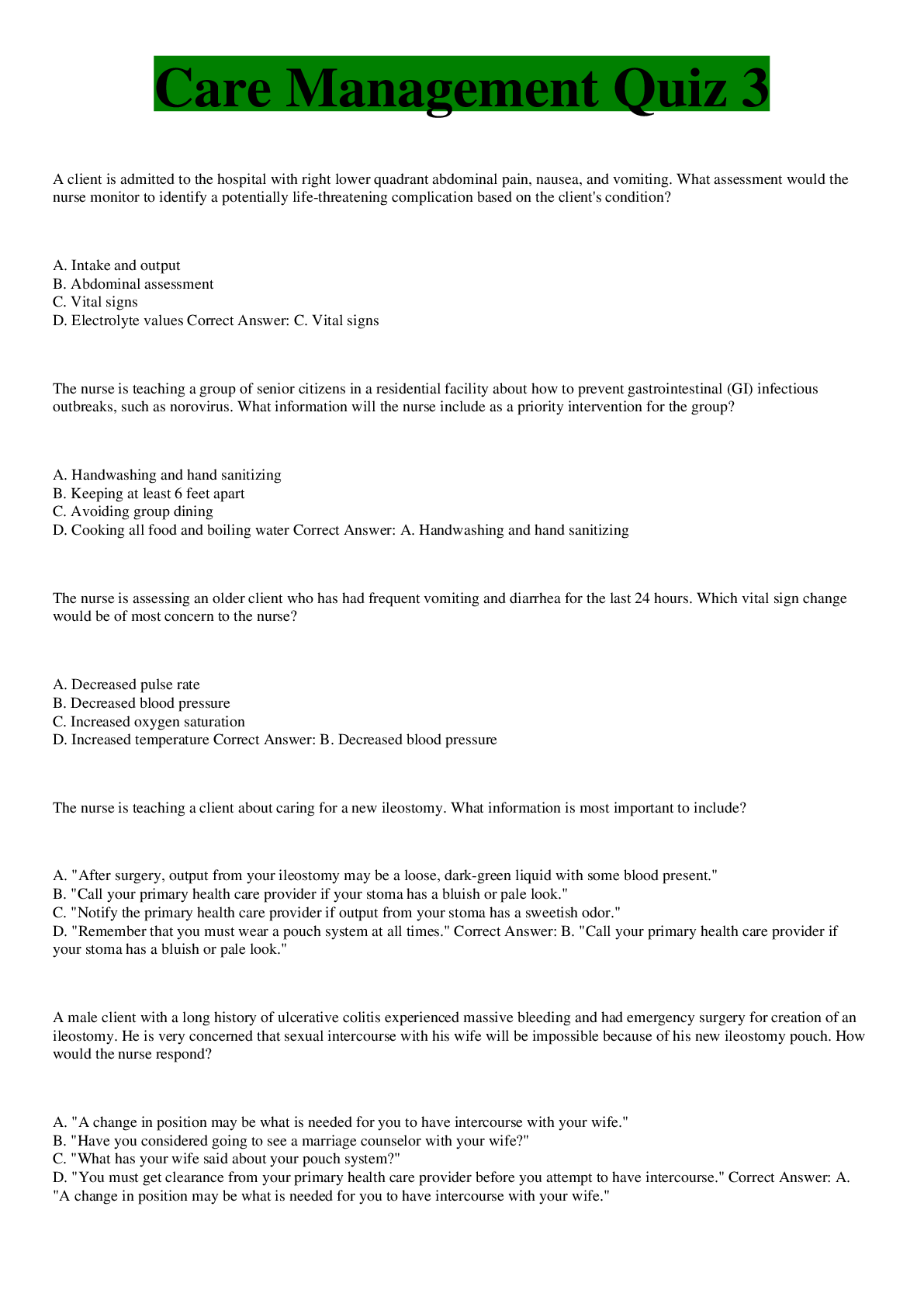 Care Management Quiz 3 Latest 2021 Questions And Correct Answers